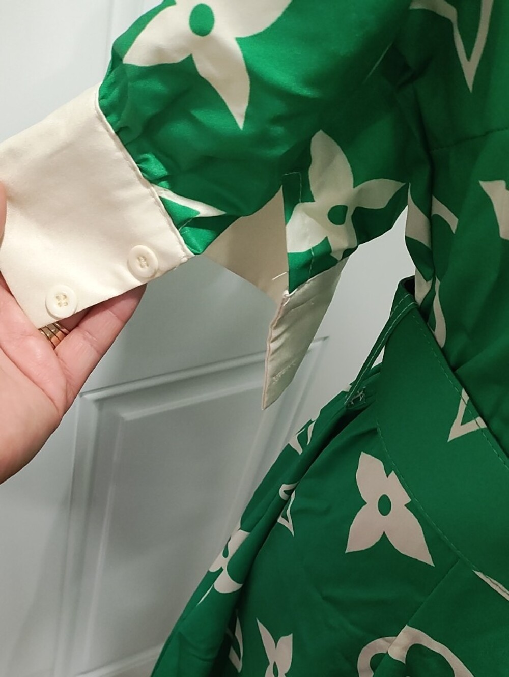 Cream and Green Two-Tone Button-Front Midi Dress - Picture 5 of 8